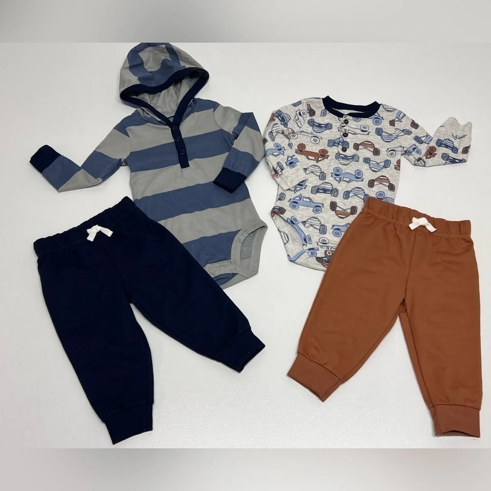 Carter's Baby Boy 4 Piece Hoodie Set Blue Vehicles